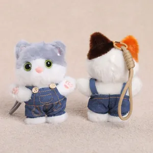 Cute plush cat keychain with denim overalls backpack pendant doll toy soft plushie gift