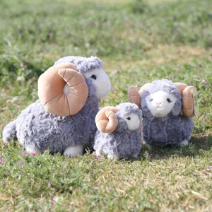 Cute grey big horn sheep plush toy set, soft stuffed ram animal dolls for kids gifts.