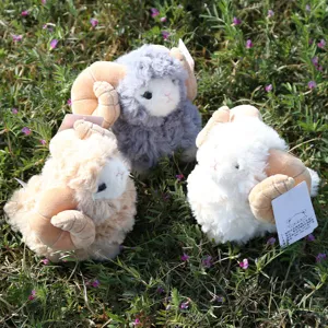 Cute big horned sheep plush toy set, soft goat stuffed doll for kids and birthday gifts.