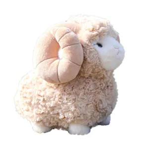 Cute big horn sheep plush toy, soft stuffed ram doll for kids, fluffy animal birthday gift.