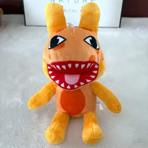 Horror-Spiel Charakter Plüschtier, orange Stoffpuppe mit großen Zähnen und langen Ohren.