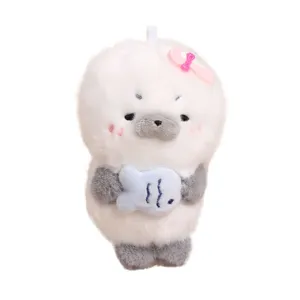 Cute sea animal plush pendant fluffy seal toy with pink bow and fish keychain bag charm
