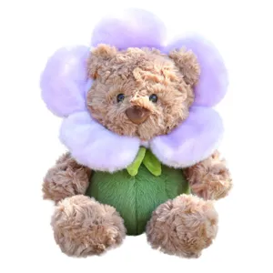Süßer Blumen Bär Plüschtier weiche Teddy Puppe mit lila Blütenblättern und grünem Stiel