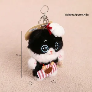 Cute black and white cat plush keychain, soft cooking doll pendant with chef hat and apron.