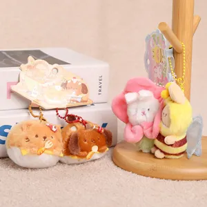 Cute magnetic couple plush keychain set, fluffy hamster and dog bag charms with sweet details.