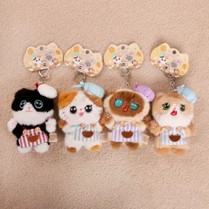 Cute cat plush keychain set, soft stuffed kitten doll with chef hat and apron for girls gifts.