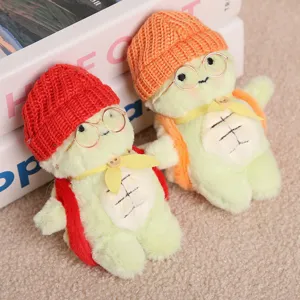 Porte-clés tortue en peluche mignon avec bonnet tricoté et lunettes, pendentif de sac.