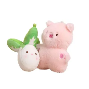 Cute magnetic couple plush toy keychain set, soft stuffed radish and pink bear bag pendants.