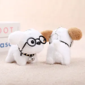 Schattige puppy pluche sleutelhanger met bril en bel, zachte knuffel tas hanger ornament.