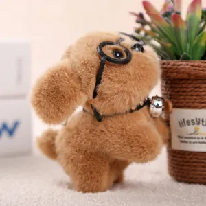 Leuke puppy pluche hanger met bril en bel, zacht knuffeldier tas bedel speelgoed pop.