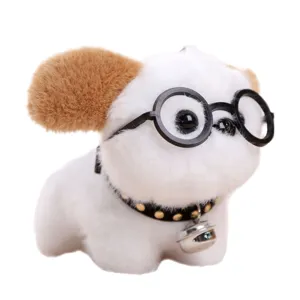 Schattige kleine puppy pluche speelgoed met zwarte bril hanger en sleutelhanger.