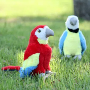 Close-up detail of soft parrot plush toy, vibrant red blue colors, fluffy texture outdoor.