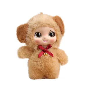 Adorable colgante de muñeca de peluche con cara de vinilo, lazo rojo y campana bolso.