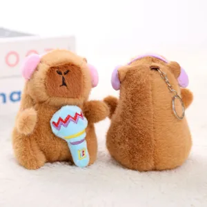 Mignon porte-clés en peluche capybara avec écouteurs et microphone, pendentif de poupée.