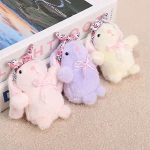 Llavero de conejo de peluche lindo con diadema floral y lazo, colgante suave de regalo.