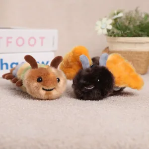 Cute plush insect caterpillar and moth keychain pendants, soft furry toy detail view.