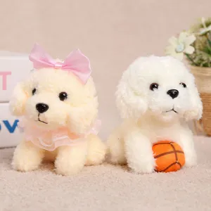 Cute sitting poodle plush toy dolls set with pink bow and basketball, soft stuffed animal gift.