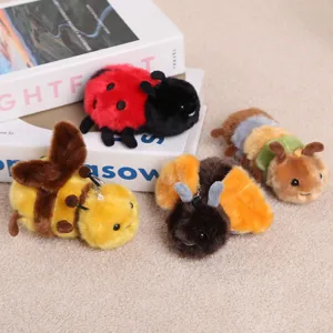 Cute plush insect keychain detail shot, featuring soft ladybug and bee plush pendant toys.