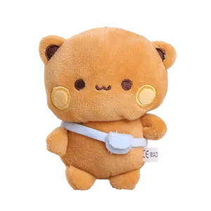 Cute brown plush toy keychain with mini blue crossbody bag soft stuffed doll pendant backpack decor
