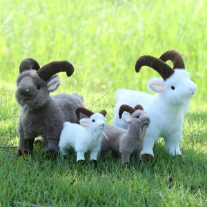 Realistic plush goat toy set, cute stuffed animal figures with curly horns for home decor.
