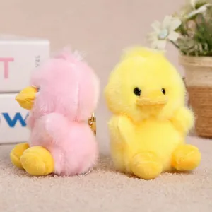Plush duck keychain detail showing soft texture, cute yellow and pink animal plush toys.