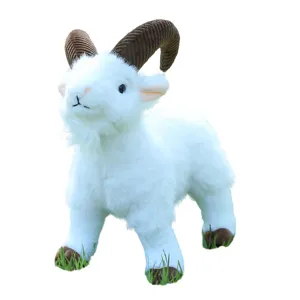 Realistic big horn sheep plush toy, white fluffy stuffed ram animal doll for home decor.