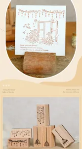 Houten stempel detail met creatieve verlichting en plantmotieven voor knutselprojecten.