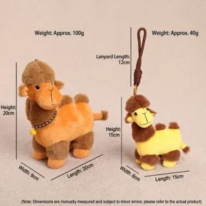 Detailed view of cute plush camel stuffed toy and keychain pendant with size dimensions.