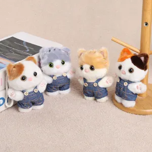 Cute plush cat keychain denim overalls backpack charm kawaii stuffed animal doll pendant toy