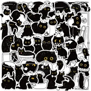 50pcs mignons autocollants étanches chat noir pour journal bagage coque téléphone déco