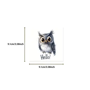 Watercolor cute owl card detail view, square wall decor postcard close-up showing 9.1cm size.