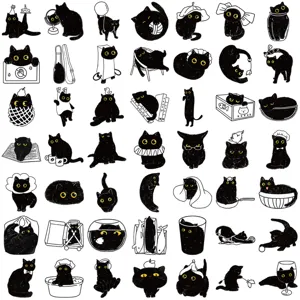 50pcs autocollants mignons chat noir imperméables pour journal intime ordinateur portable