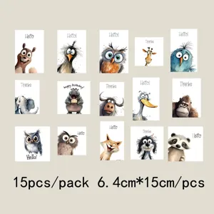15pcs cute cartoon watercolor animal decorative cards postcards wall art prints set.