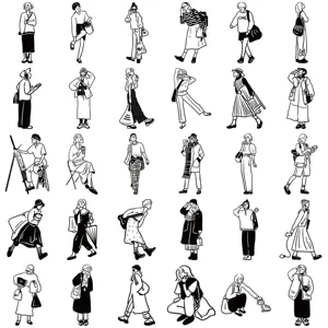 Vista detallada de adhesivos de personajes con arte lineal minimalista para manualidades.