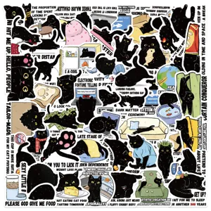 50Pcs Autocollants Chat Noir Étanches En Vinyle Mignon Pack De Stickers Pour Journal Ordinateur
