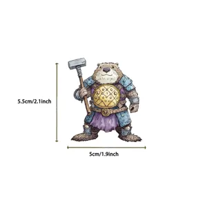 Close-up detail view of a cute cartoon fantasy animal warrior sticker with hammer.