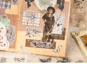 Retro vintage style decorative stickers and scrapbooking paper materials for DIY journaling.