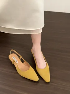 Yellow suede pointed toe low heel slingback sandals for women summer fashion footwear.