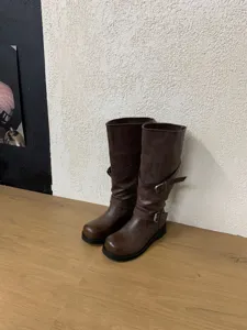 Bottes longues de cowboy western à talon épais marron pour femmes élégantes boucles