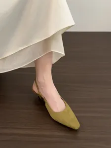 French vintage pointed toe low heel slingback sandals for women suede chic footwear