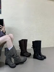 Bottes cavalières françaises à talons épais, bottes hautes plissées tendance pour femmes.