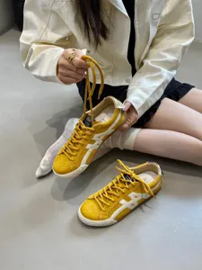 Women's casual sneakers spring fashion leather flat shoes yellow detailed design showcase