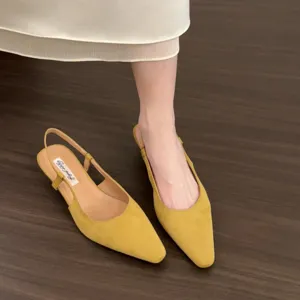 French vintage yellow pointed toe slingback kitten heel sandals for women summer fashion.