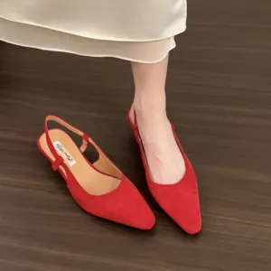 French vintage red pointed toe low heel slingback sandals for women summer fashion wear.