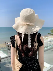 Chapeau de paille femme ete nœud dentelle bord ondulé protection solaire plage elegant