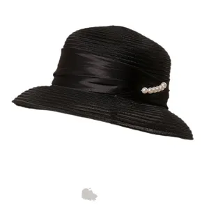Franse elegante zwarte zonnehoed met satin lint en parels voor de zomervakantie en reizen.