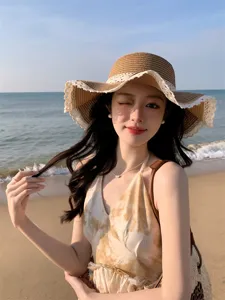 Chapeau de soleil en paille dentelle d'ete pour femme bord vagues plage accessoire