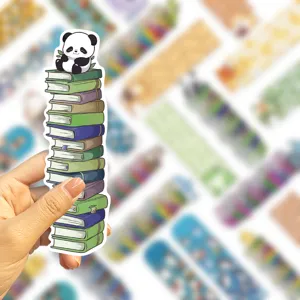 Cute panda and books paper bookmark detail view, creative student reading stationery tool.