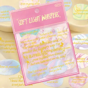 Detailed close-up of 50pcs gold foil inspirational quote stickers, waterproof PET material.