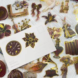 Detailed view of vintage gold-stamped PET stickers with elegant European court style.
